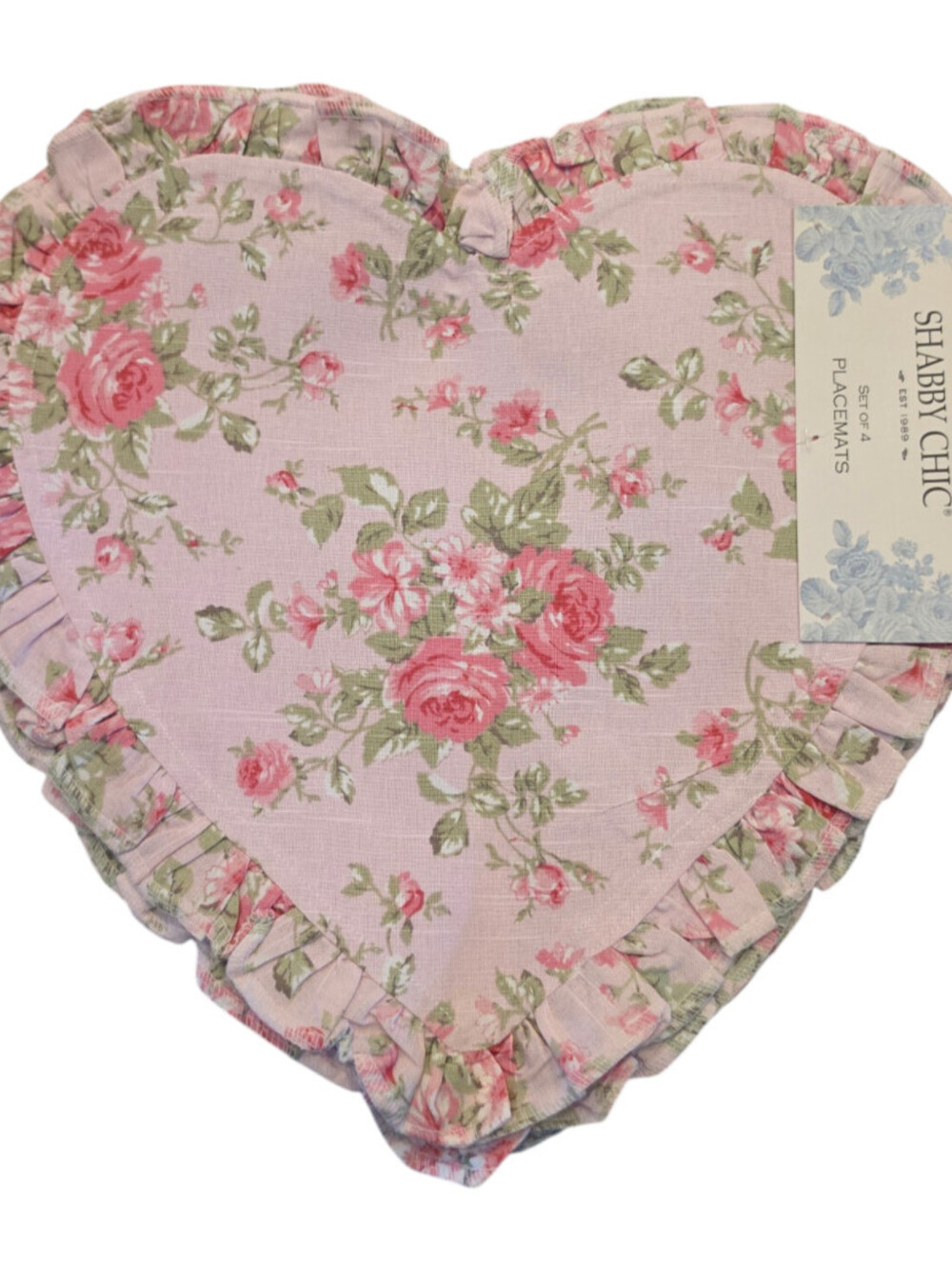 Valentines Day Shabby Chic Pink Roses Heart Shaped Placemats Set of 4